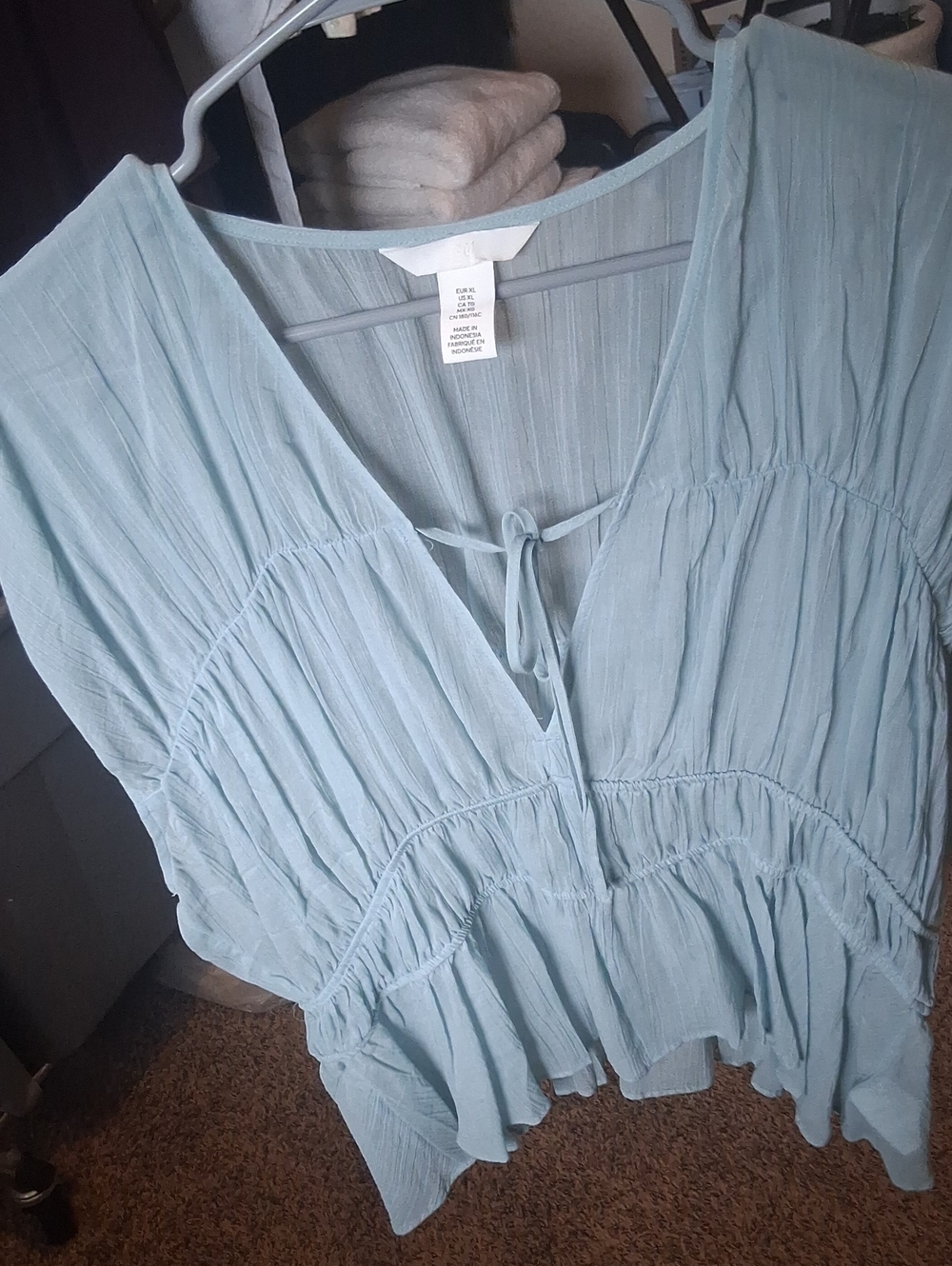 H&M NEW Pale Blue Women's Peasant Tunic with Tie Neck